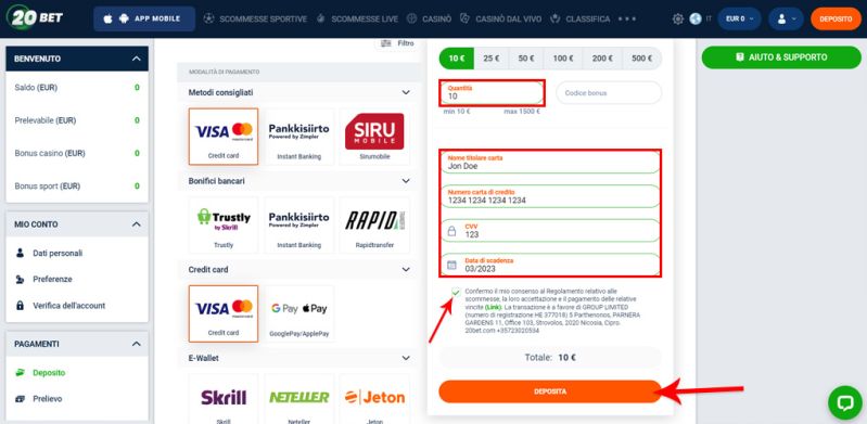 Come depositare su un casinò con Mastercard? - Guida Passaggio 4